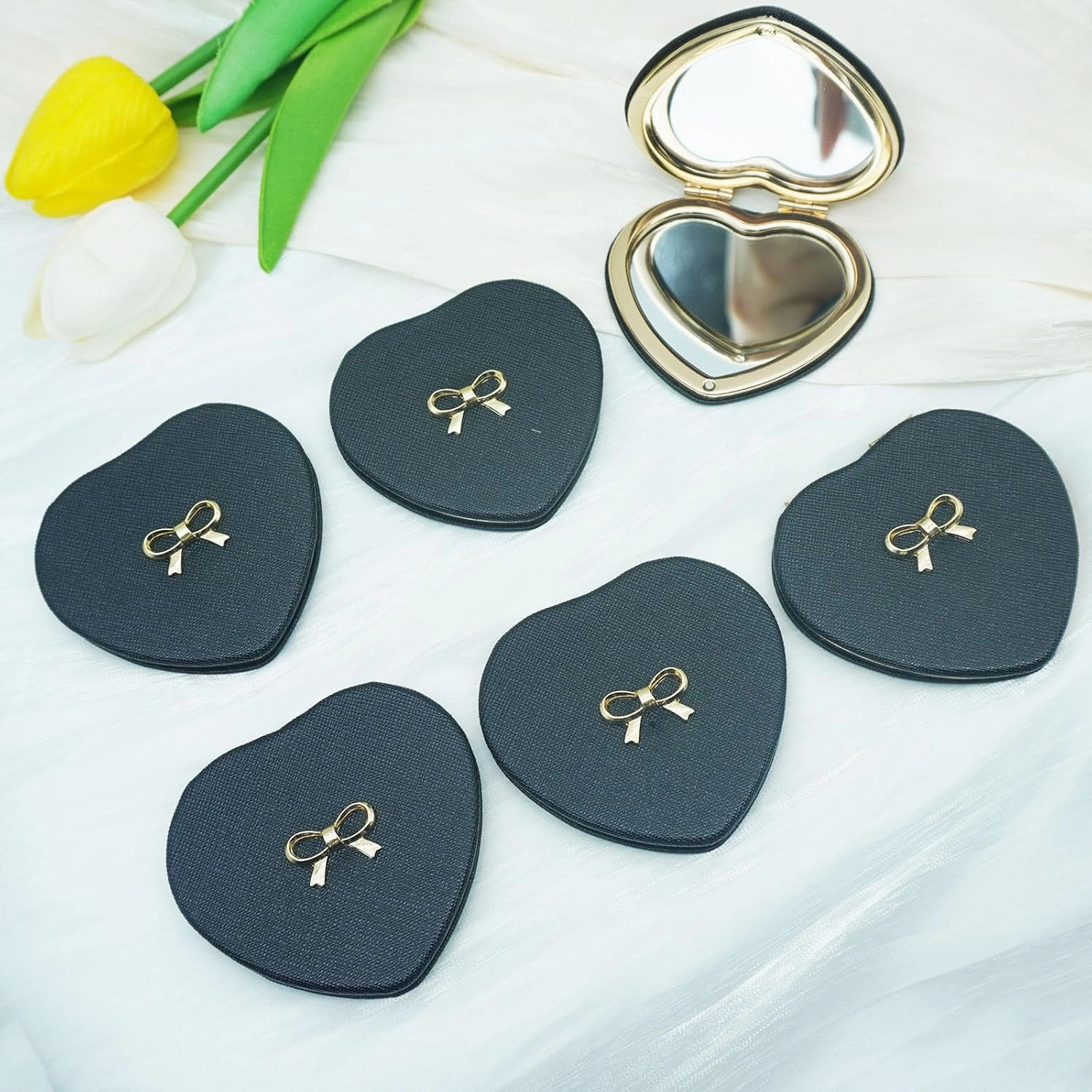 6 Pack Pokect Heart Mirror Travel Compact Magnifying Folding Mirrors for Women Purse Mini Vanity Cosmetic Lashes Makeup Mirror Double-Sided Cute Mirror Black