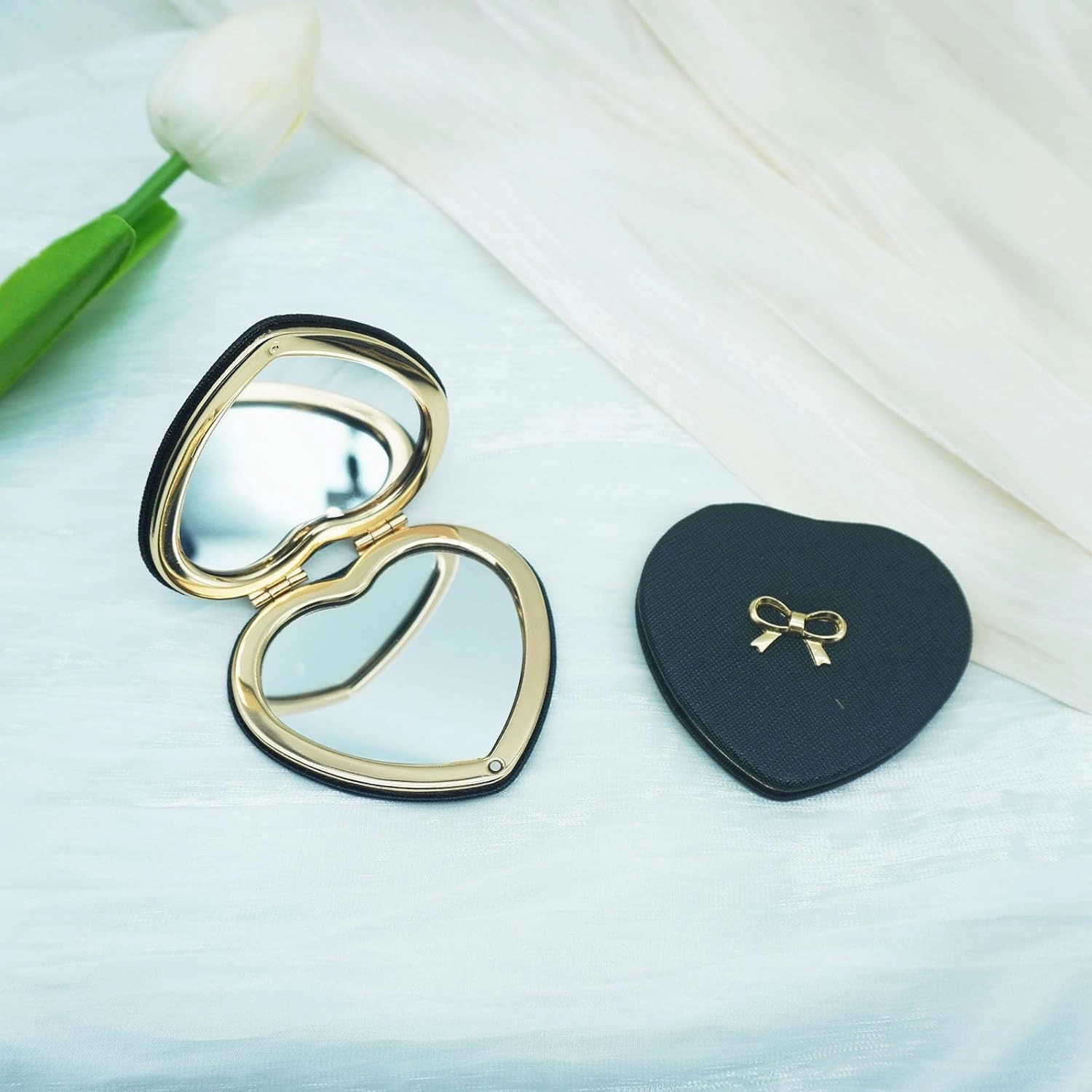 6 Pack Pokect Heart Mirror Travel Compact Magnifying Folding Mirrors for Women Purse Mini Vanity Cosmetic Lashes Makeup Mirror Double-Sided Cute Mirror Black