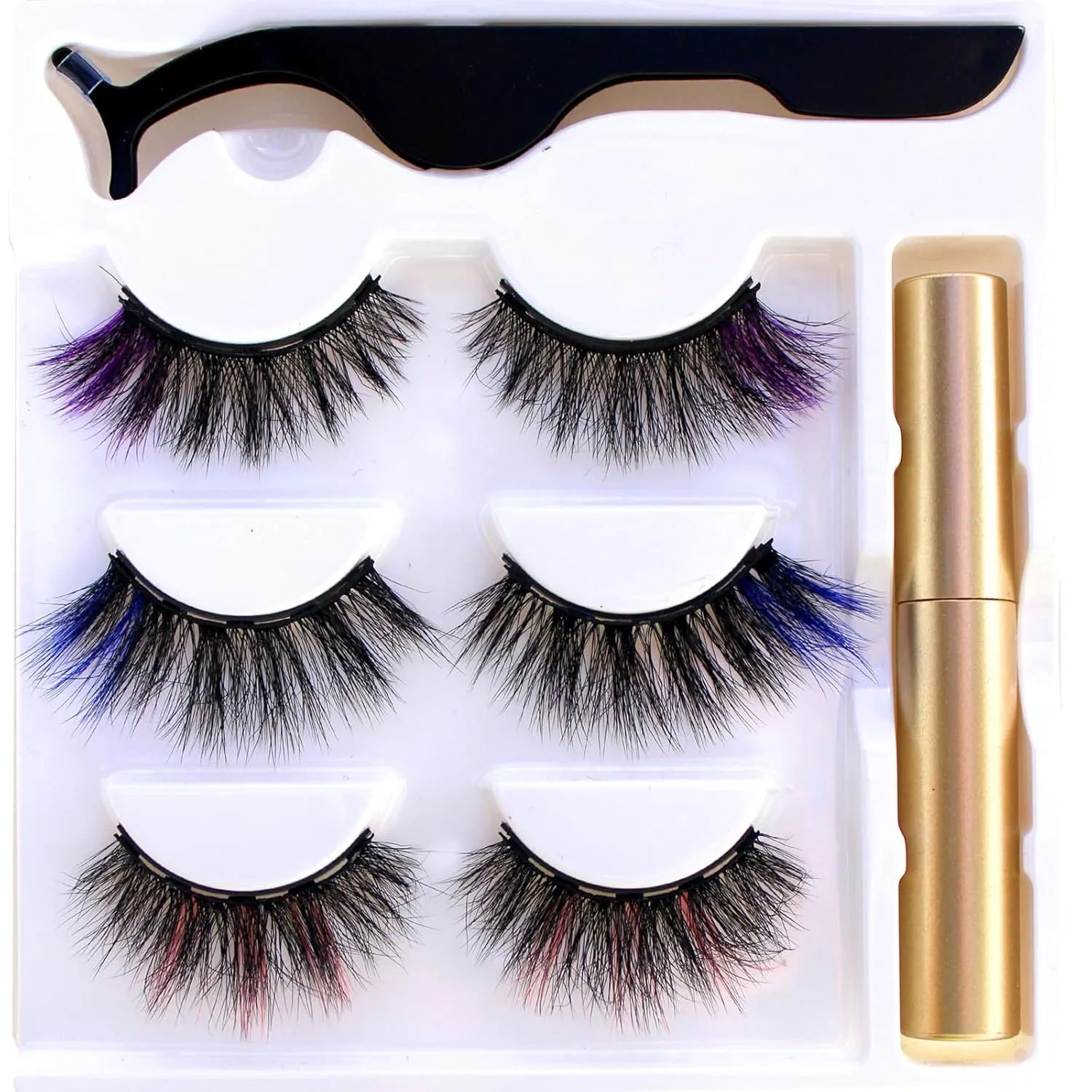 6D Magnetic Eyelashes and Magnetic Eyeliner Kit 3 Style with Tweezers (Pink, Deep Blue, Purple)