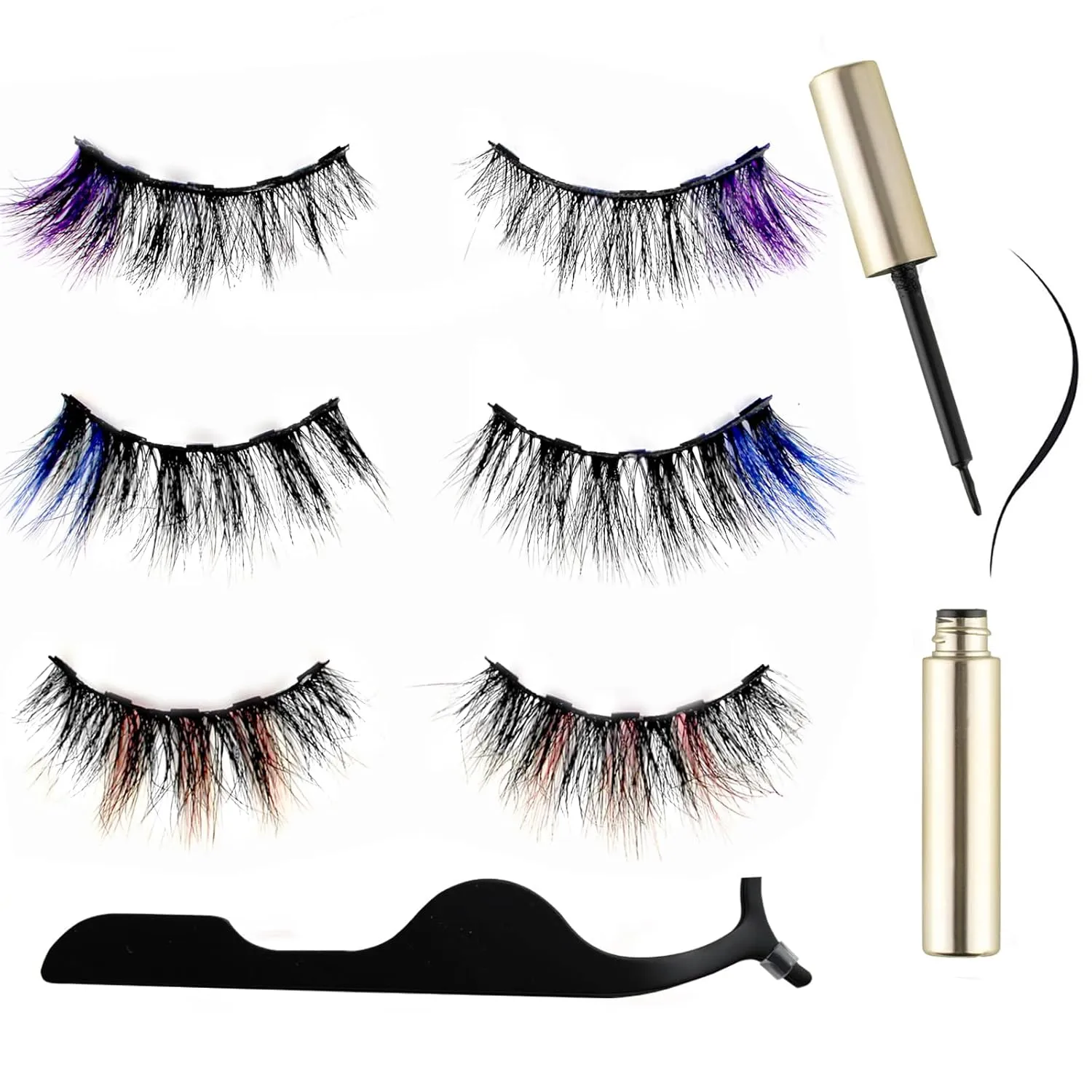 6D Magnetic Eyelashes and Magnetic Eyeliner Kit 3 Style with Tweezers (Pink, Deep Blue, Purple)