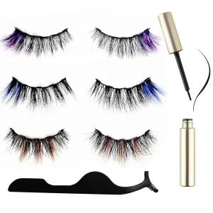6D Magnetic Eyelashes and Magnetic Eyeliner Kit 3 Style with Tweezers (Pink, Deep Blue, Purple)