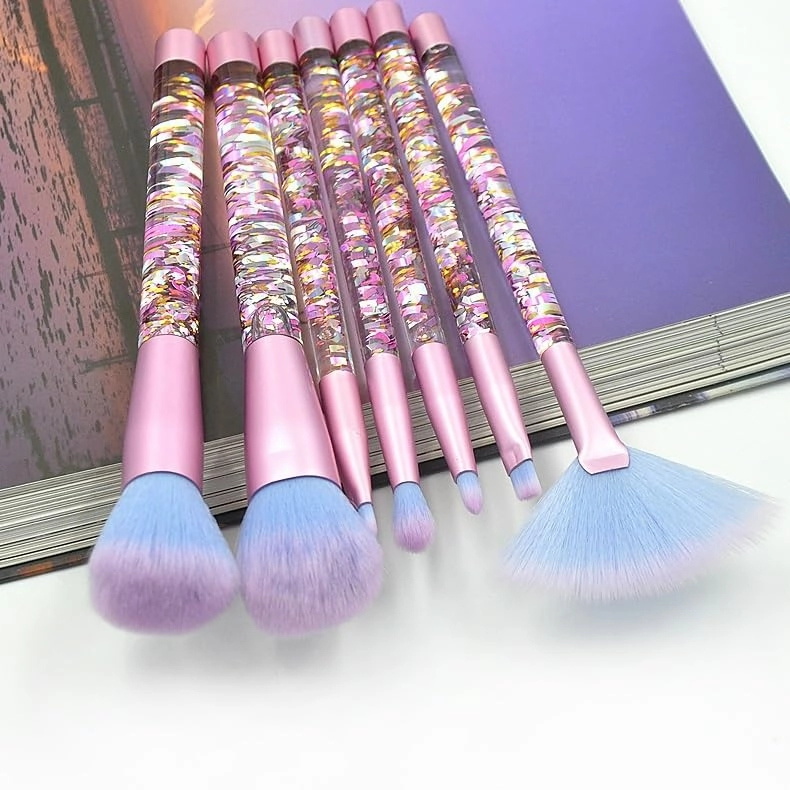 7-Pcs makeup brushes clear crystal diamond particle handle, makeup brush set, quicksand liquid particle sequins (Color : Red flowing sand -blue pink hair)
