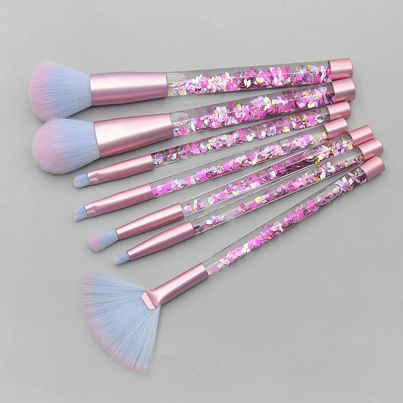 7-Pcs makeup brushes clear crystal diamond particle handle, makeup brush set, quicksand liquid particle sequins (Color : Red flowing sand -blue pink hair)