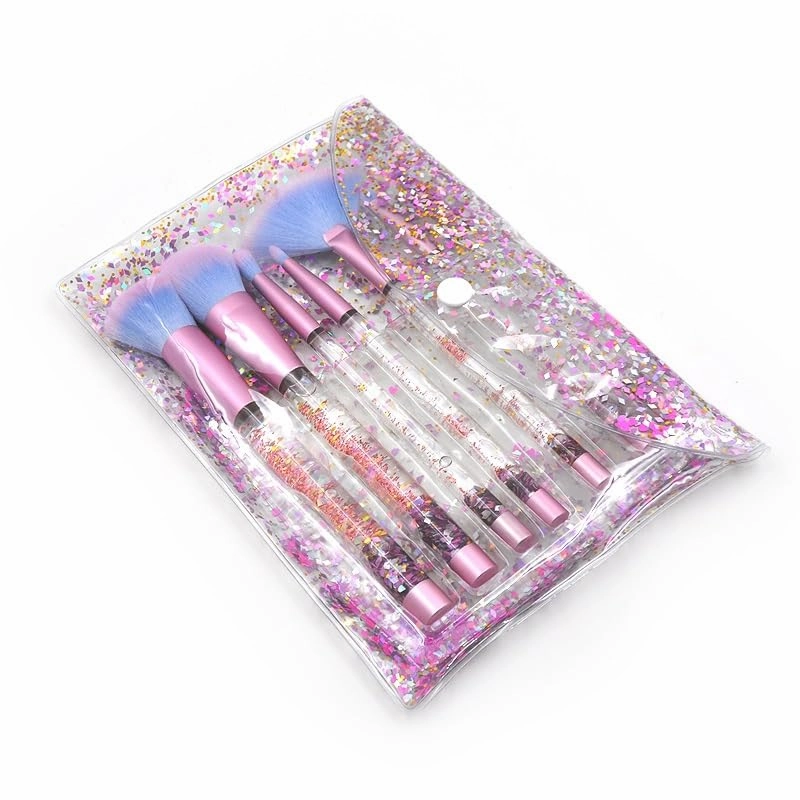 7-Pcs makeup brushes clear crystal diamond particle handle, makeup brush set, quicksand liquid particle sequins (Color : Red flowing sand -blue pink hair)