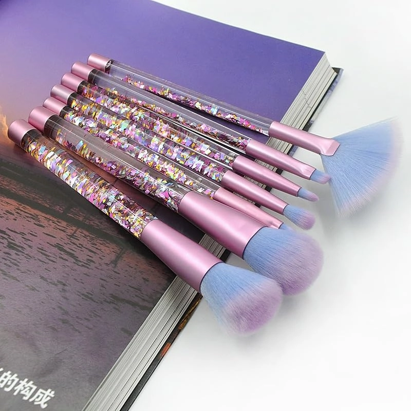 7-Pcs makeup brushes clear crystal diamond particle handle, makeup brush set, quicksand liquid particle sequins (Color : Red flowing sand -blue pink hair)