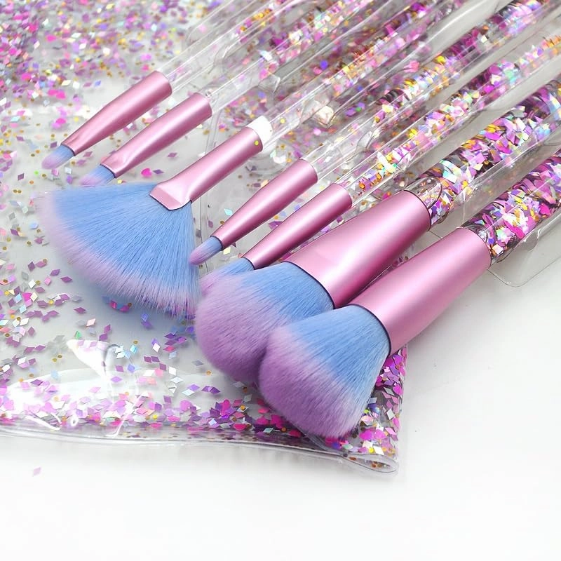 7-Pcs makeup brushes clear crystal diamond particle handle, makeup brush set, quicksand liquid particle sequins (Color : Red flowing sand -blue pink hair)
