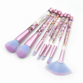 7-Pcs makeup brushes clear crystal diamond particle handle, makeup brush set, quicksand liquid particle sequins (Color : Red flowing sand -blue pink hair)