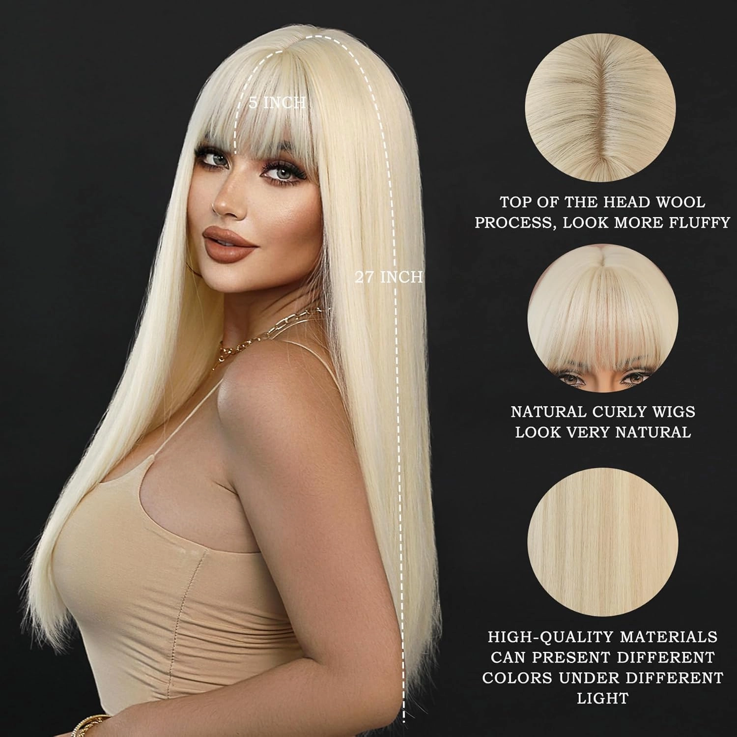 7JHH WIGS 26Inch Long Straight Wig with Bangs 613 Blonde Wig Heat Resistant Synthetic Wig Make Natural Looking Wigs for Women Party Cospaly Wig and Daily Used