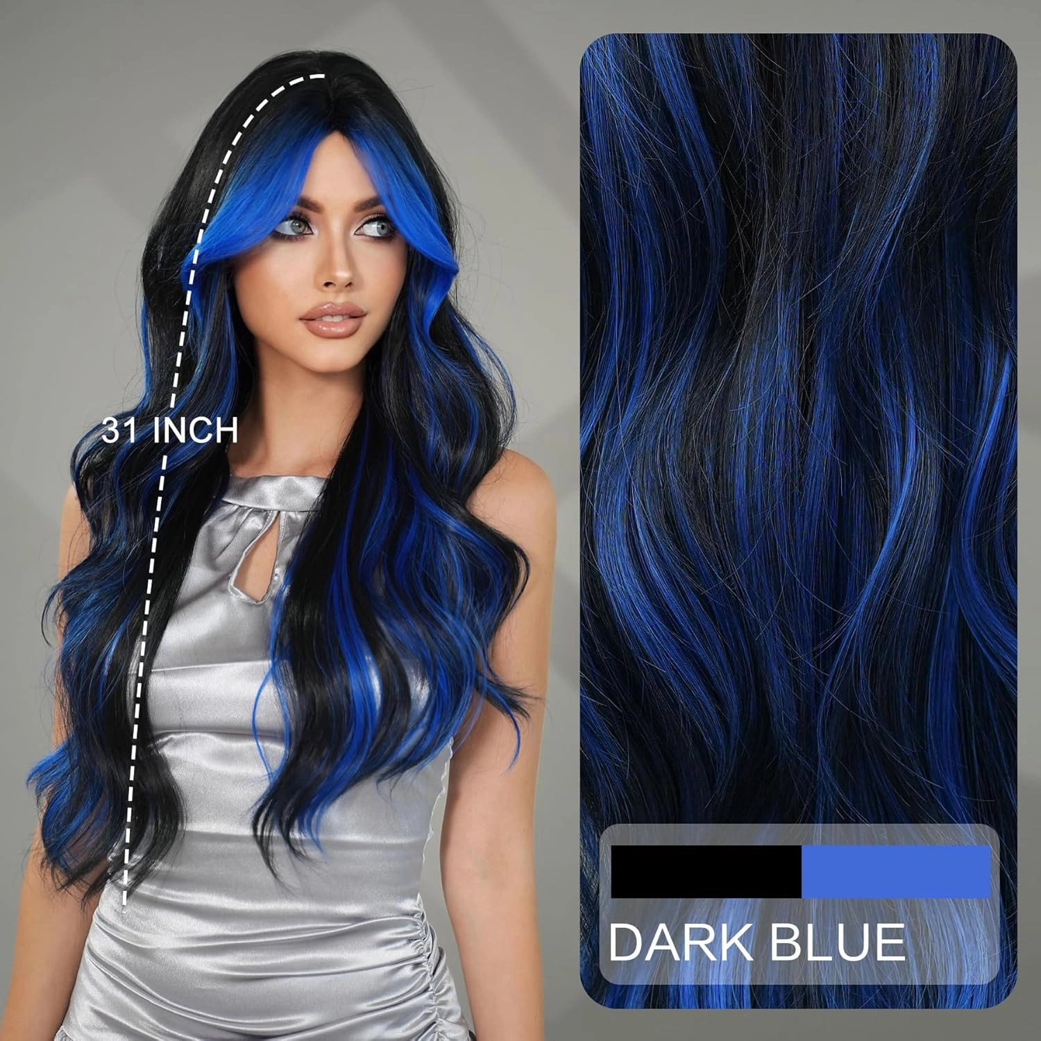 7JHH WIGS 31in Natural Black Blue Highlight Long Wavy Wigs with Curtain Bangs Natural Heat Resistant Synthetic Fiber Midlle Part Women Curly Ombre Wigs for Chrismas Party Daily Used
