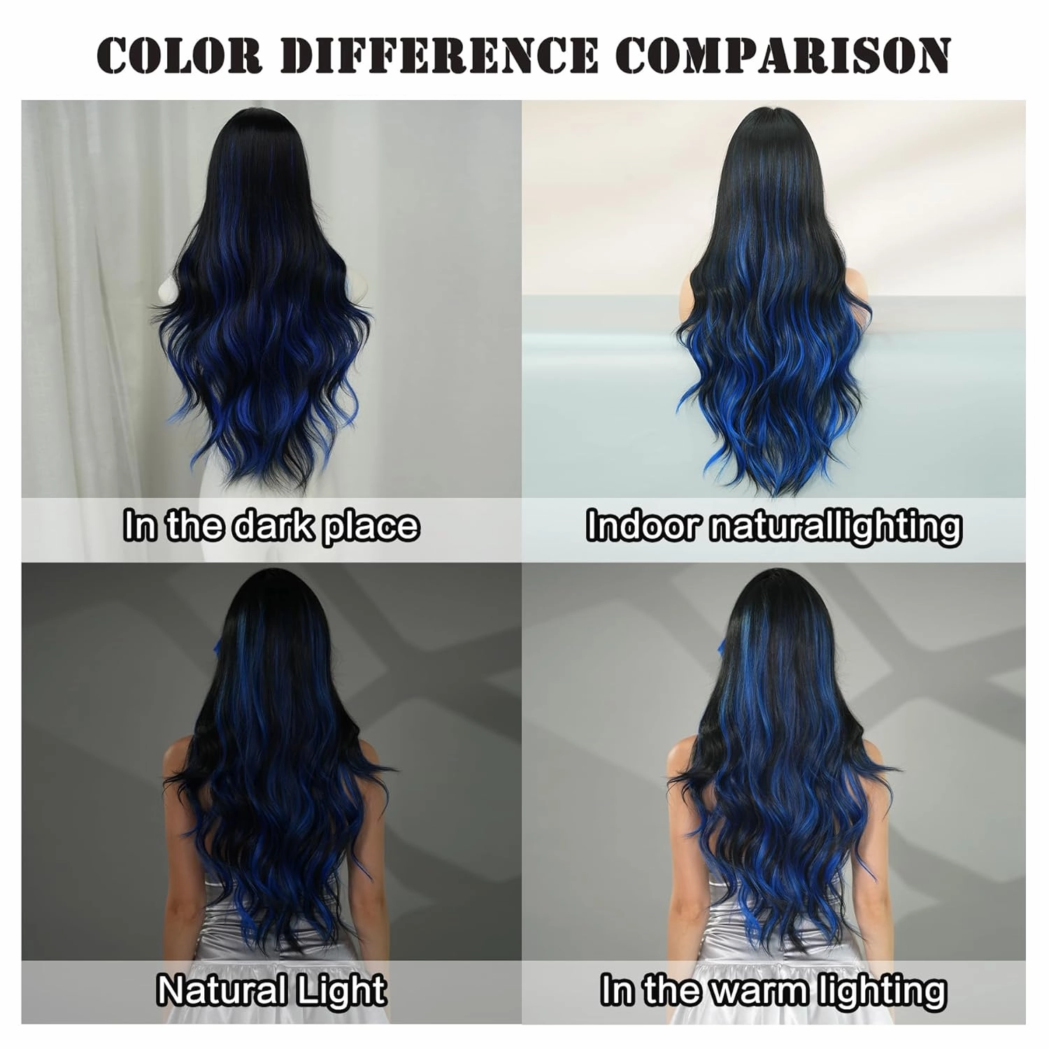 7JHH WIGS 31in Natural Black Blue Highlight Long Wavy Wigs with Curtain Bangs Natural Heat Resistant Synthetic Fiber Midlle Part Women Curly Ombre Wigs for Chrismas Party Daily Used