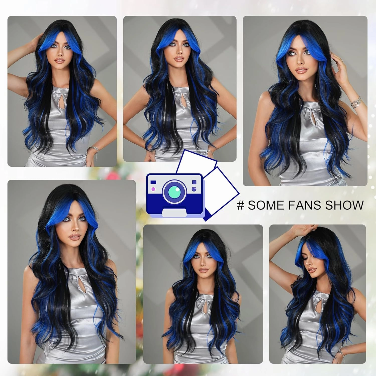 7JHH WIGS 31in Natural Black Blue Highlight Long Wavy Wigs with Curtain Bangs Natural Heat Resistant Synthetic Fiber Midlle Part Women Curly Ombre Wigs for Chrismas Party Daily Used