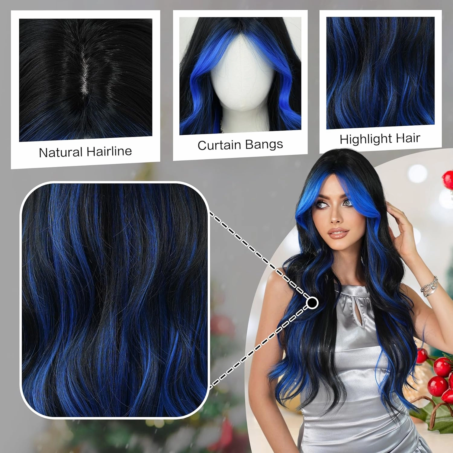 7JHH WIGS 31in Natural Black Blue Highlight Long Wavy Wigs with Curtain Bangs Natural Heat Resistant Synthetic Fiber Midlle Part Women Curly Ombre Wigs for Chrismas Party Daily Used