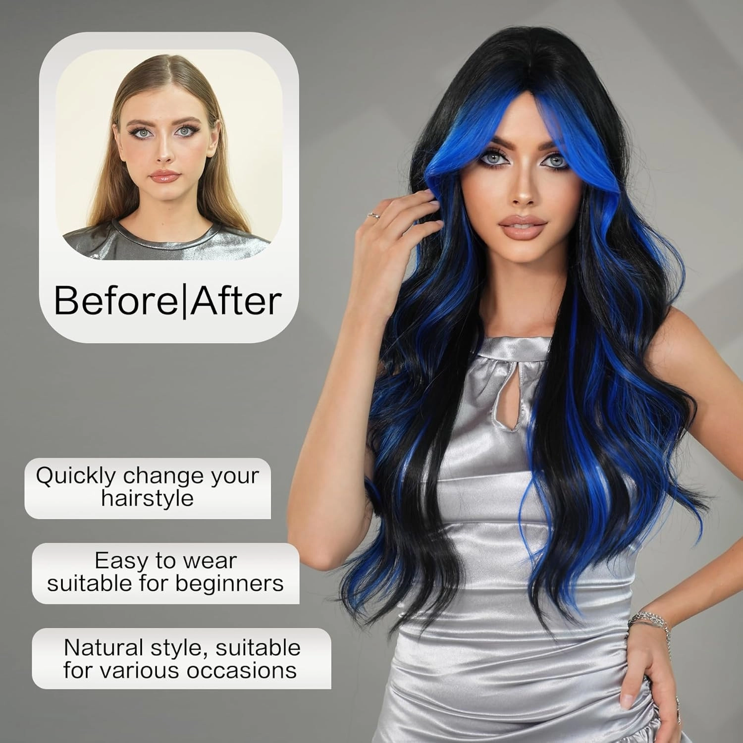 7JHH WIGS 31in Natural Black Blue Highlight Long Wavy Wigs with Curtain Bangs Natural Heat Resistant Synthetic Fiber Midlle Part Women Curly Ombre Wigs for Chrismas Party Daily Used