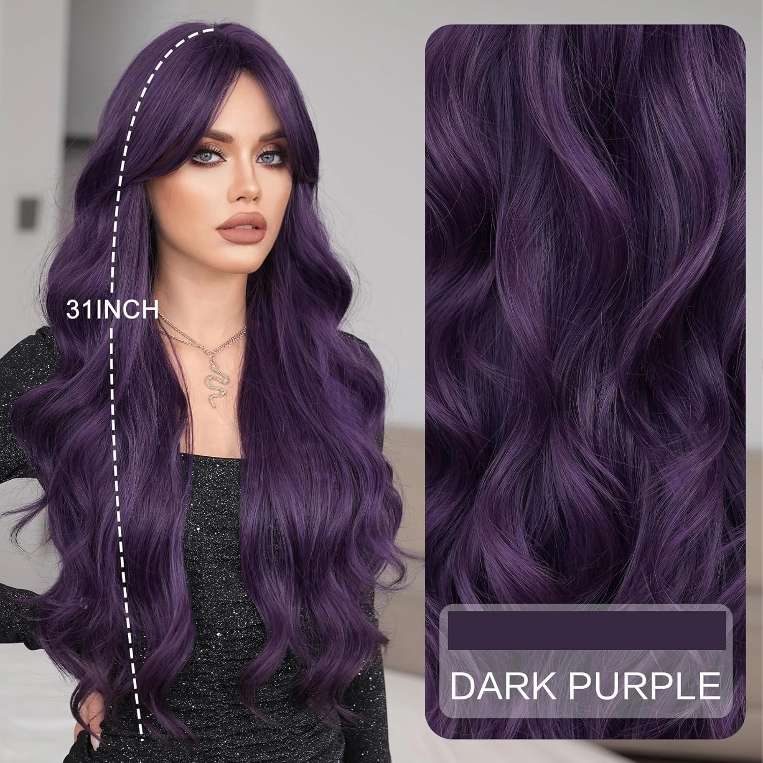 7JHH WIGS 31in Purple Long Water Body Wavy Wigs with Curtain Bangs Natural Heat Resistant Synthetic Fiber Midlle Part Women Curly Wigs for Chrismas Daily Party Daily Used