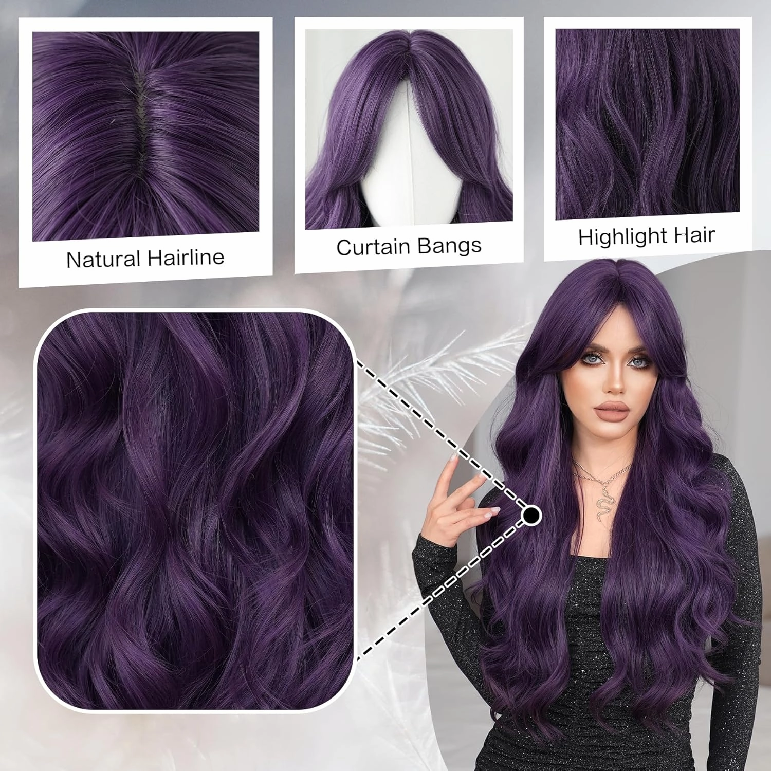 7JHH WIGS 31in Purple Long Water Body Wavy Wigs with Curtain Bangs Natural Heat Resistant Synthetic Fiber Midlle Part Women Curly Wigs for Chrismas Daily Party Daily Used