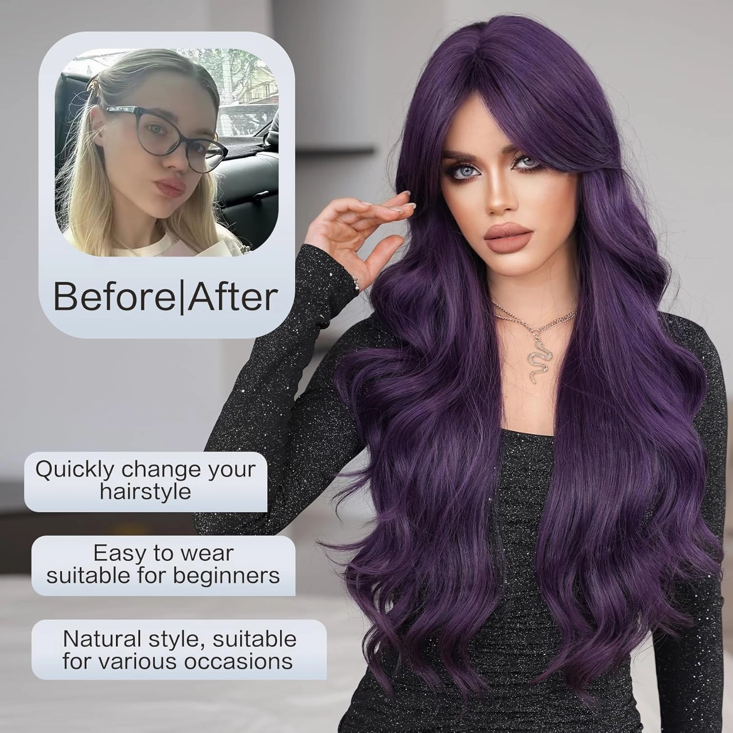 7JHH WIGS 31in Purple Long Water Body Wavy Wigs with Curtain Bangs Natural Heat Resistant Synthetic Fiber Midlle Part Women Curly Wigs for Chrismas Daily Party Daily Used