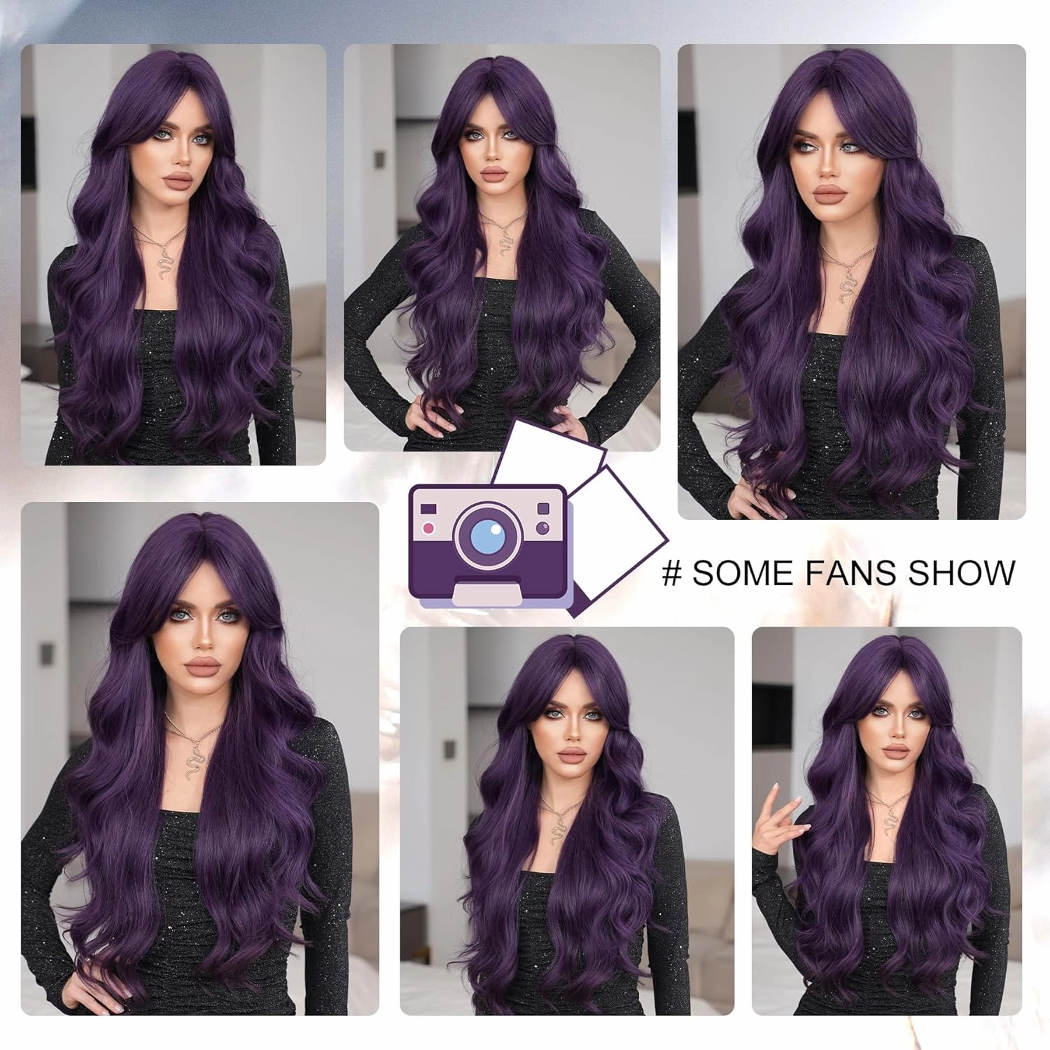 7JHH WIGS 31in Purple Long Water Body Wavy Wigs with Curtain Bangs Natural Heat Resistant Synthetic Fiber Midlle Part Women Curly Wigs for Chrismas Daily Party Daily Used