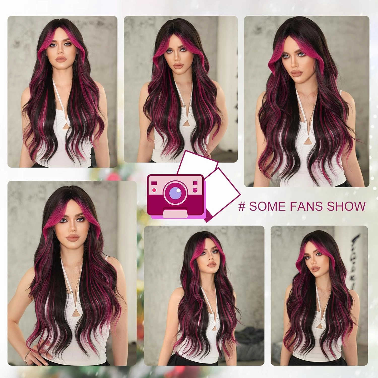 7JHH WIGS 32in Natural Black Long Wavy Rose Pink Highlight Wigs with Curtain Bangs Natural Heat Resistant Synthetic Fiber Midlle Part Women Curly Wigs for Chrismas Party Daily Used