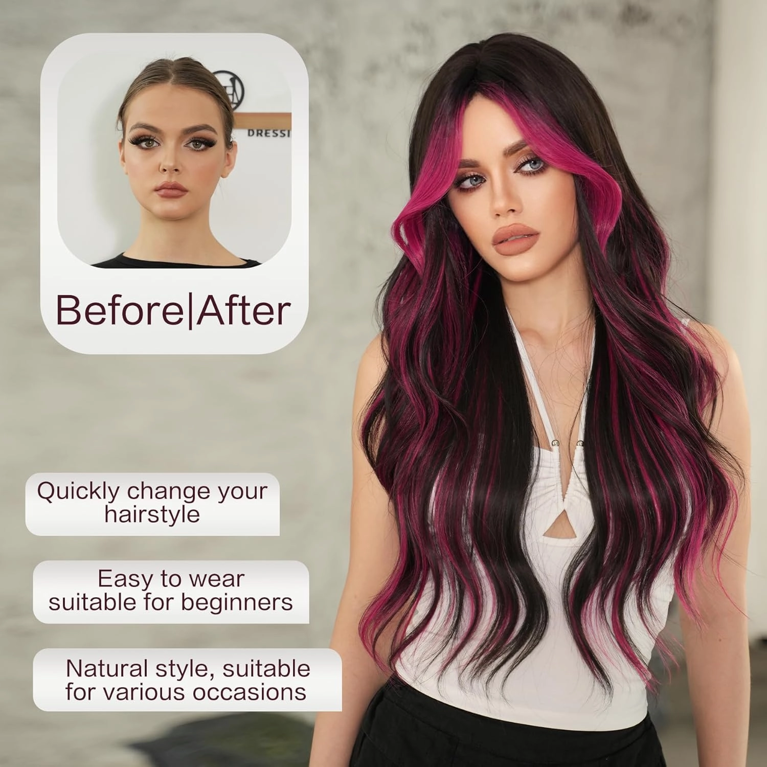 7JHH WIGS 32in Natural Black Long Wavy Rose Pink Highlight Wigs with Curtain Bangs Natural Heat Resistant Synthetic Fiber Midlle Part Women Curly Wigs for Chrismas Party Daily Used