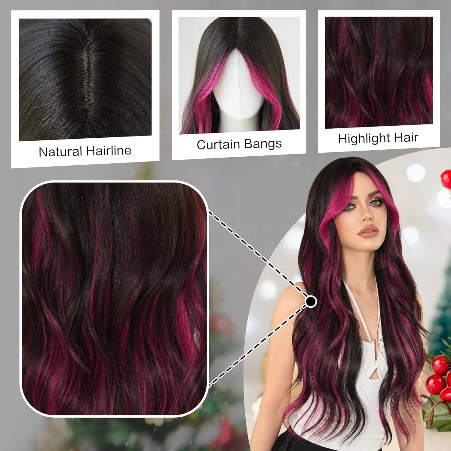 7JHH WIGS 32in Natural Black Long Wavy Rose Pink Highlight Wigs with Curtain Bangs Natural Heat Resistant Synthetic Fiber Midlle Part Women Curly Wigs for Chrismas Party Daily Used
