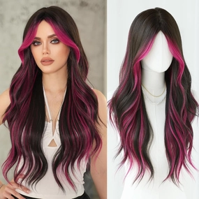 7JHH WIGS 32in Natural Black Long Wavy Rose Pink Highlight Wigs with Curtain Bangs Natural Heat Resistant Synthetic Fiber Midlle Part Women Curly Wigs for Chrismas Party Daily Used