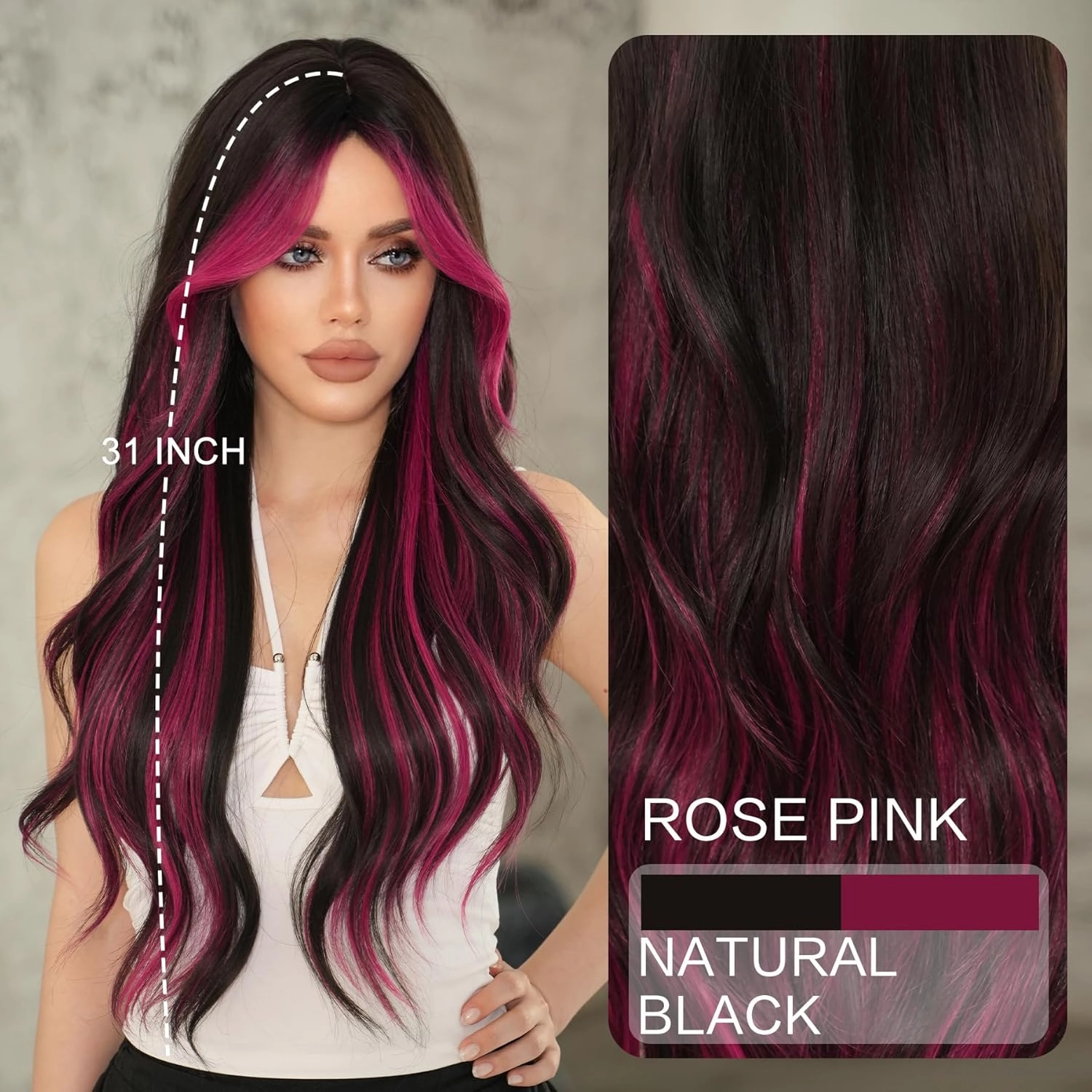 7JHH WIGS 32in Natural Black Long Wavy Rose Pink Highlight Wigs with Curtain Bangs Natural Heat Resistant Synthetic Fiber Midlle Part Women Curly Wigs for Chrismas Party Daily Used