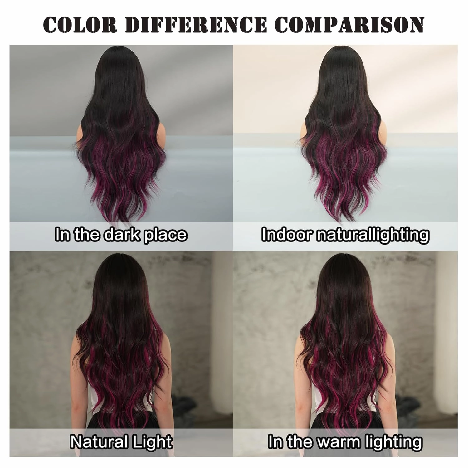 7JHH WIGS 32in Natural Black Long Wavy Rose Pink Highlight Wigs with Curtain Bangs Natural Heat Resistant Synthetic Fiber Midlle Part Women Curly Wigs for Chrismas Party Daily Used