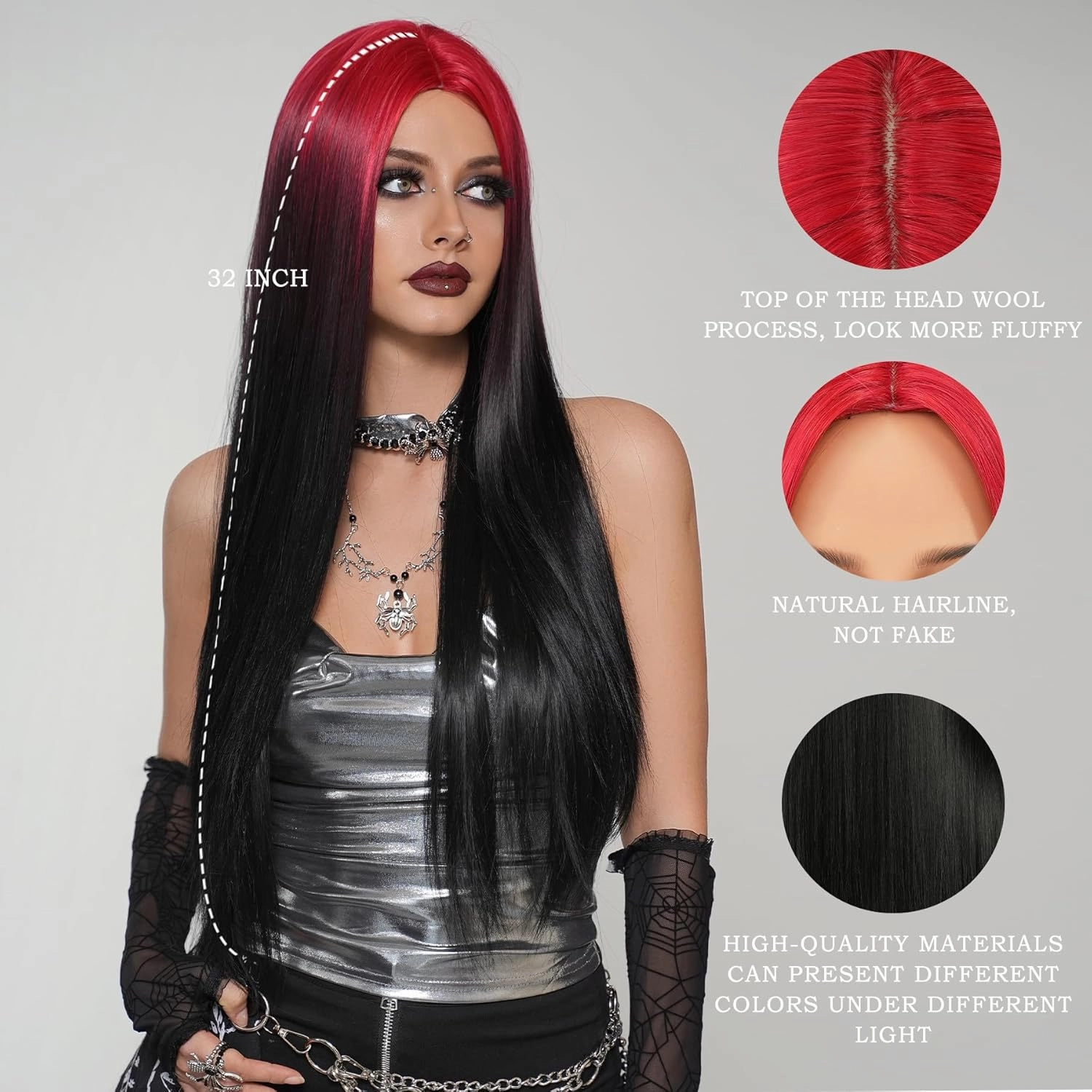 7JHH WIGS 32in Super Long Black Red Ombre Wigs Natural Heat Resistant Fiber Synthetic Layered Straight Natural Black Midlle Part Wigs Women Wigs for Holiday Festival Chrismas Daily Party Daily Used