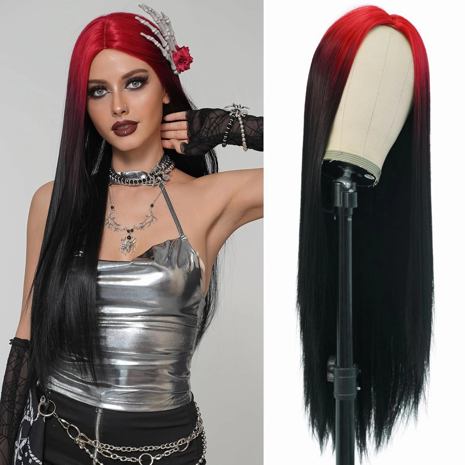 7JHH WIGS 32in Super Long Black Red Ombre Wigs Natural Heat Resistant Fiber Synthetic Layered Straight Natural Black Midlle Part Wigs Women Wigs for Holiday Festival Chrismas Daily Party Daily Used