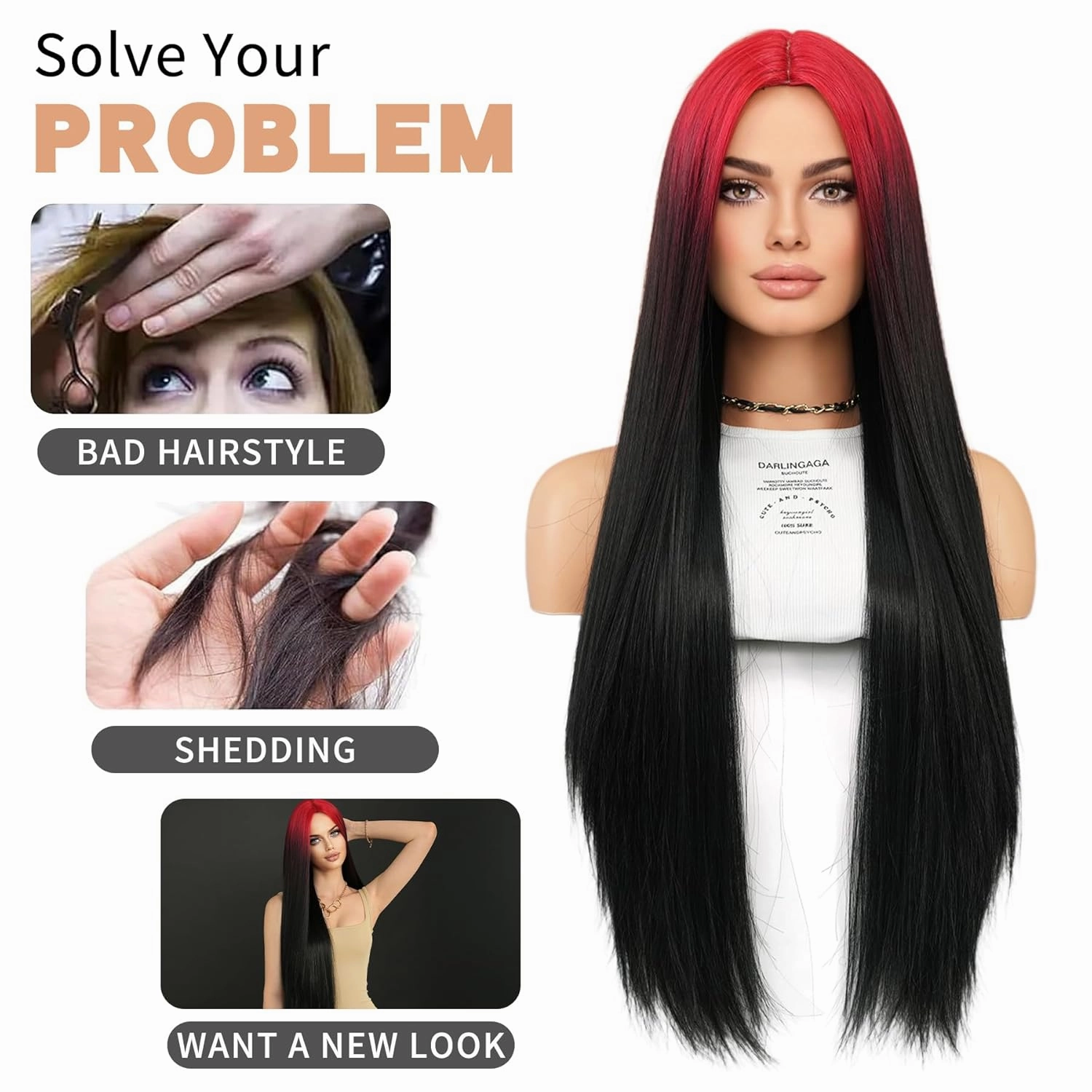 7JHH WIGS 32in Super Long Black Red Ombre Wigs Natural Heat Resistant Fiber Synthetic Layered Straight Natural Black Midlle Part Wigs Women Wigs for Holiday Festival Chrismas Daily Party Daily Used