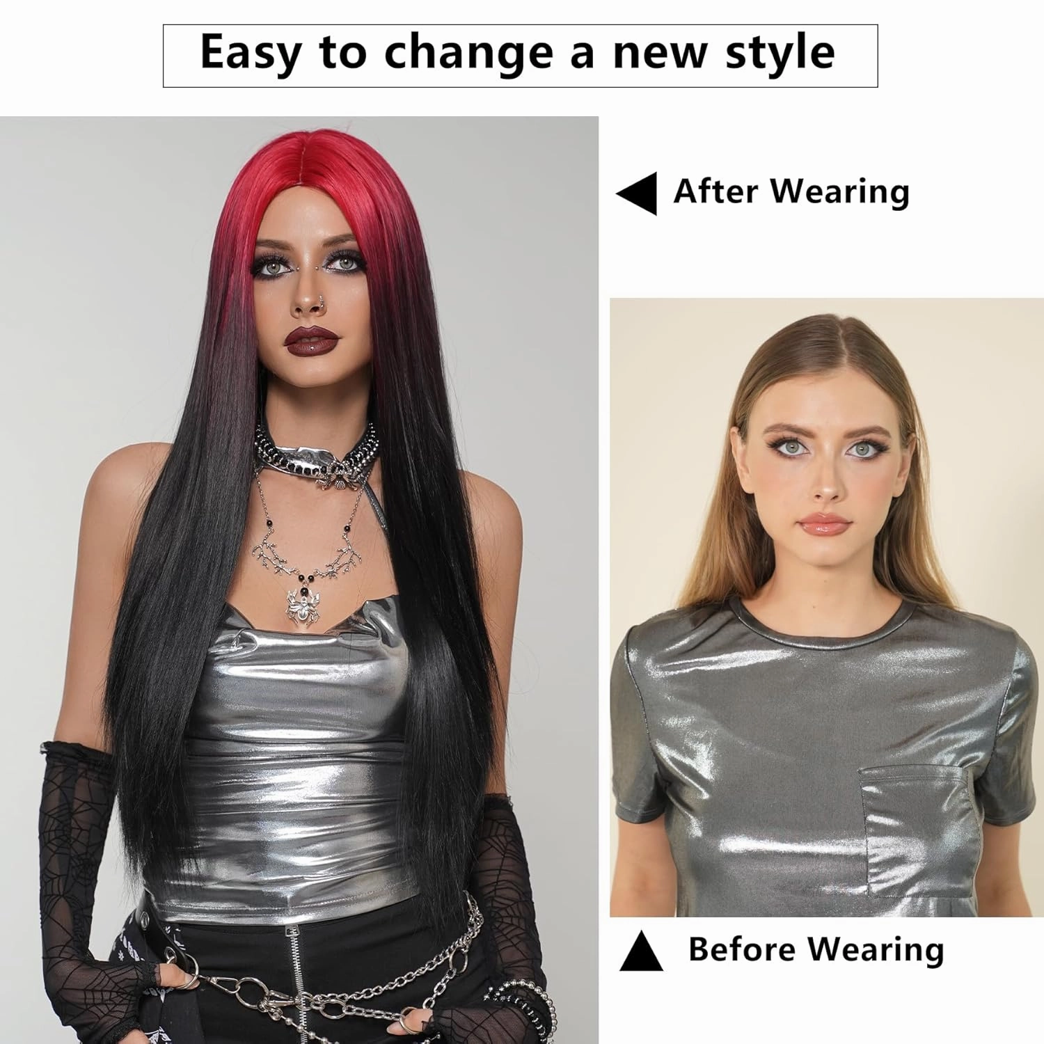 7JHH WIGS 32in Super Long Black Red Ombre Wigs Natural Heat Resistant Fiber Synthetic Layered Straight Natural Black Midlle Part Wigs Women Wigs for Holiday Festival Chrismas Daily Party Daily Used
