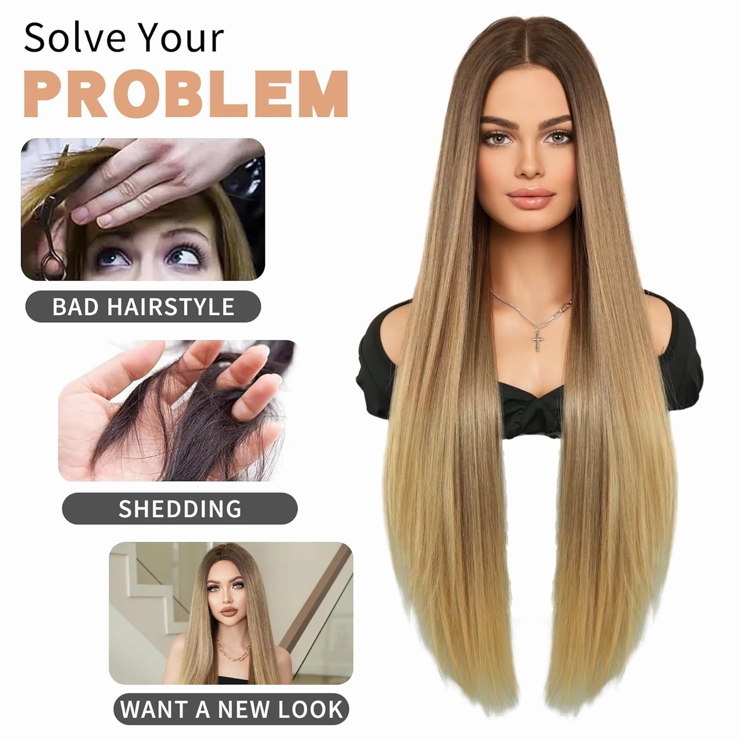 7JHH WIGS Long Blonde Ombre Wigs Natural Heat Resistant Fiber Synthetic Layered Straight Mixed Blonde Wigs with Dark Roots Women Wigs for Holiday Festival Chrismas Daily Party Daily Used