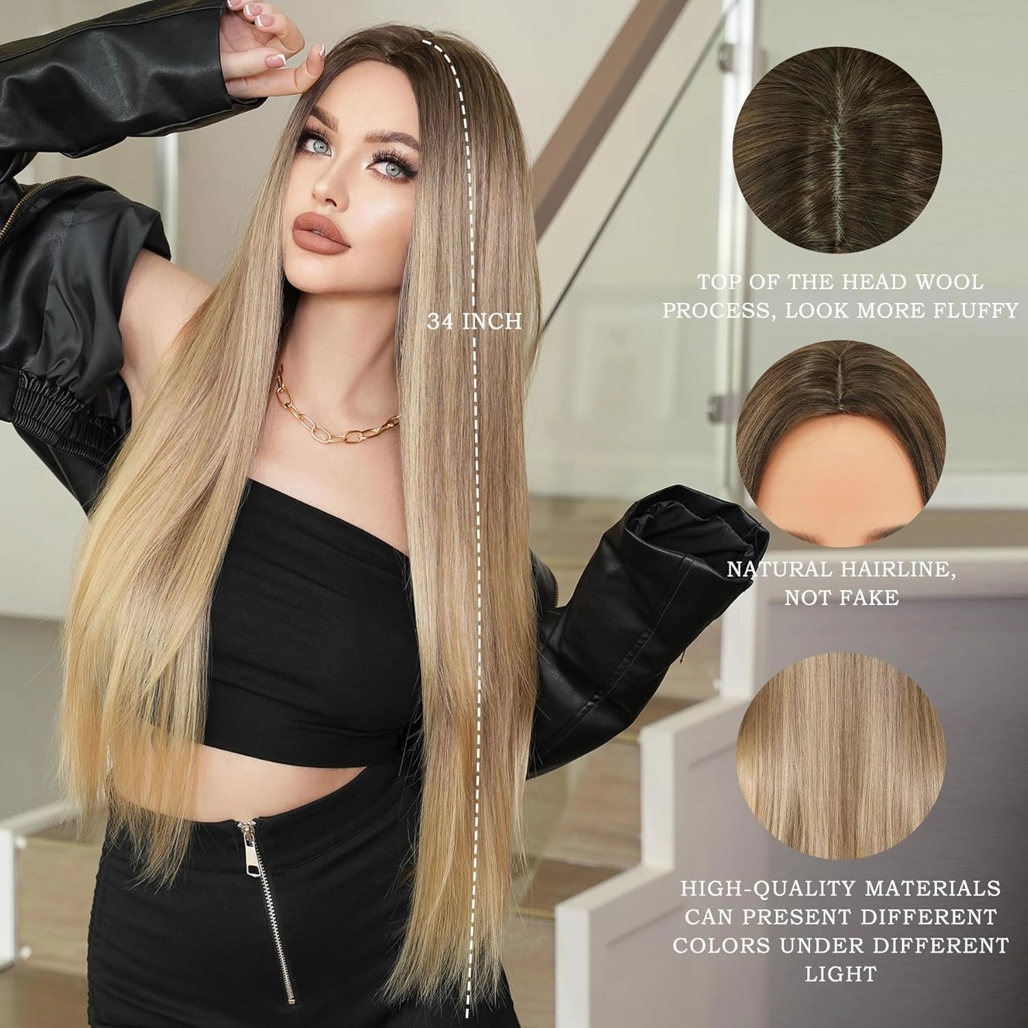 7JHH WIGS Long Blonde Ombre Wigs Natural Heat Resistant Fiber Synthetic Layered Straight Mixed Blonde Wigs with Dark Roots Women Wigs for Holiday Festival Chrismas Daily Party Daily Used