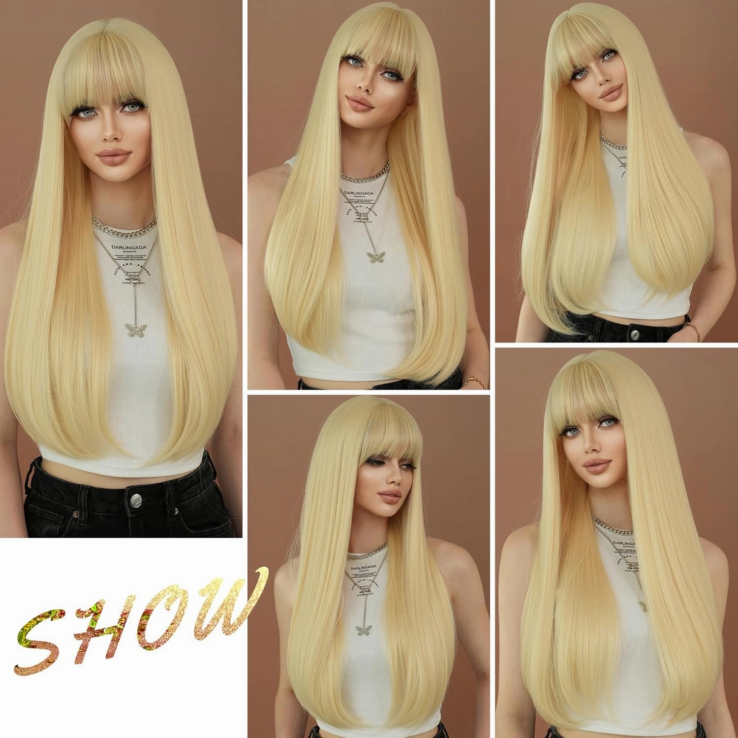 7JHH WIGS Long Straight 613Blonde Wig with Bangs 28in Platinum Blonde Wig Natural Heat Resistant Fiber Synthetic Wigs for Women Girls Holiday Festival Chrismas Daily Party Used