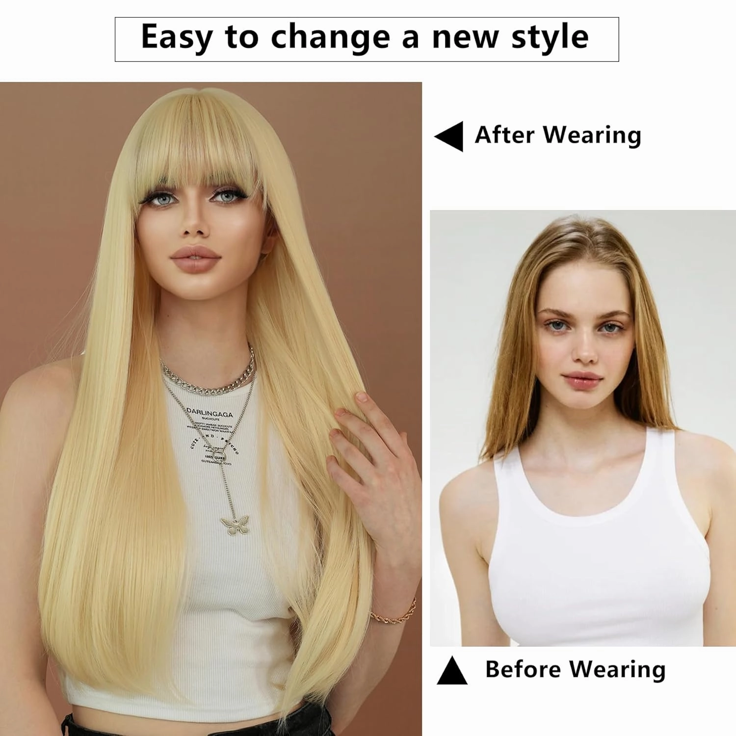 7JHH WIGS Long Straight 613Blonde Wig with Bangs 28in Platinum Blonde Wig Natural Heat Resistant Fiber Synthetic Wigs for Women Girls Holiday Festival Chrismas Daily Party Used