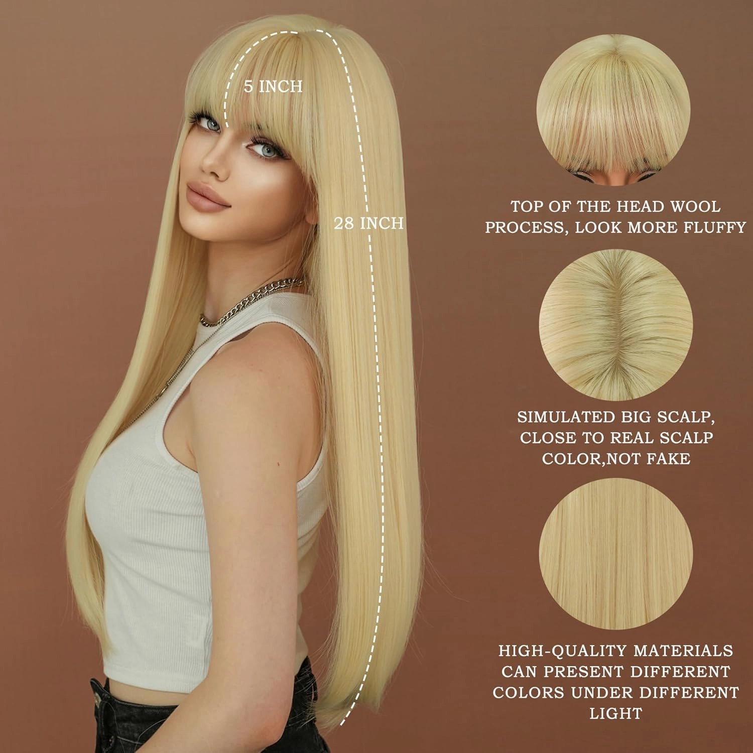 7JHH WIGS Long Straight 613Blonde Wig with Bangs 28in Platinum Blonde Wig Natural Heat Resistant Fiber Synthetic Wigs for Women Girls Holiday Festival Chrismas Daily Party Used