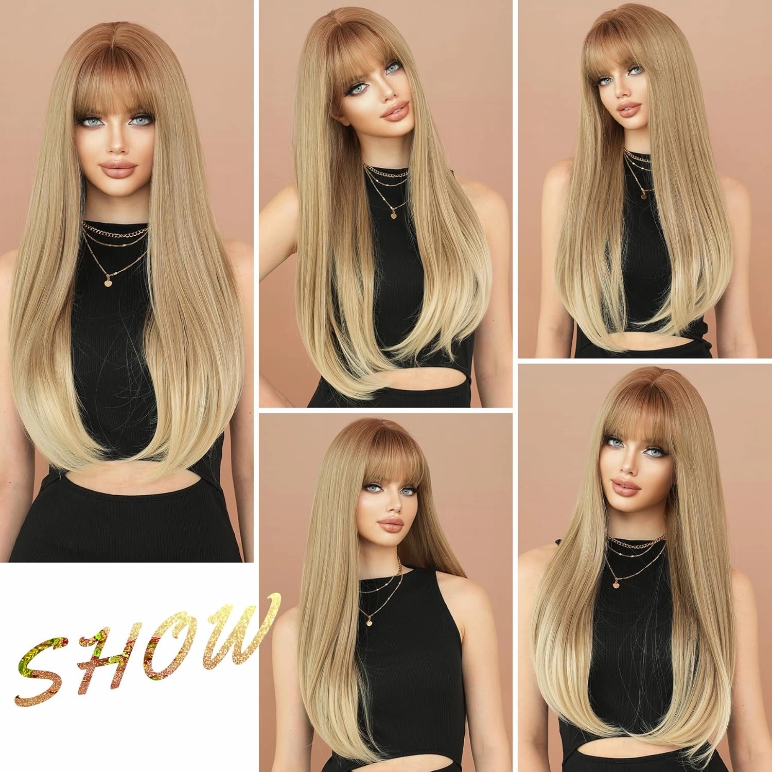 7JHH WIGS Long Straight Ash Brown Wig with Bangs 28in Light Brown Wig Natural Heat Resistant Fiber Synthetic Wigs for Women Girls Holiday Festival Chrismas Daily Party Used
