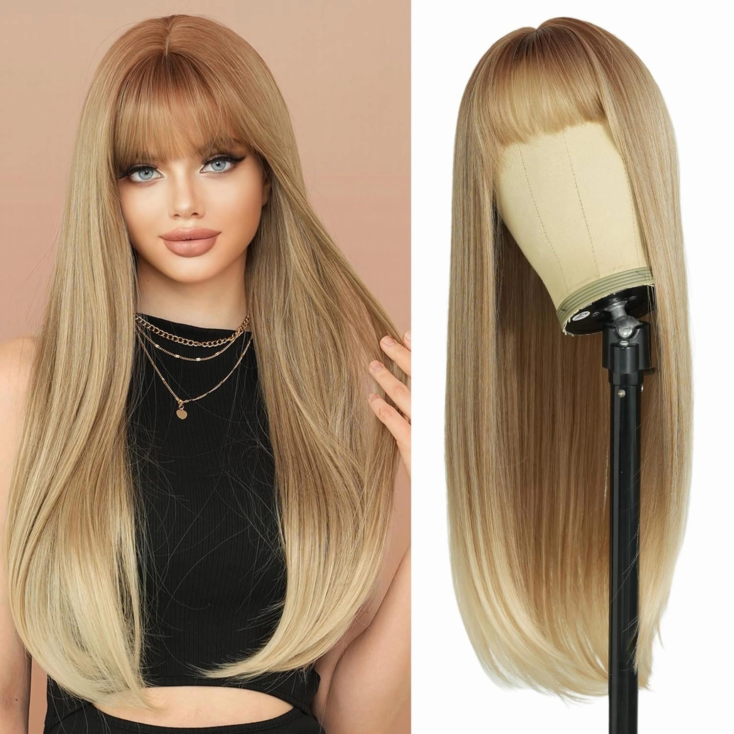 7JHH WIGS Long Straight Ash Brown Wig with Bangs 28in Light Brown Wig Natural Heat Resistant Fiber Synthetic Wigs for Women Girls Holiday Festival Chrismas Daily Party Used