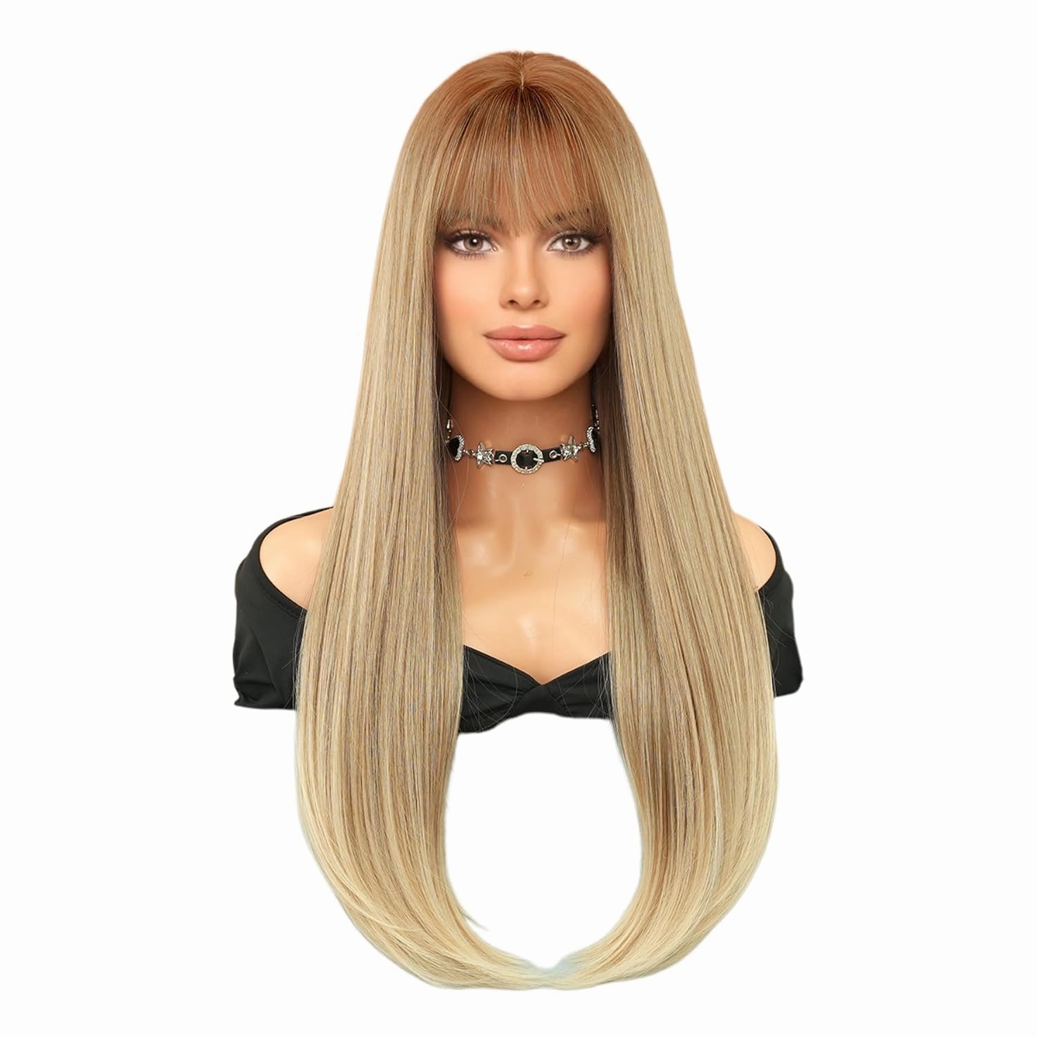 7JHH WIGS Long Straight Ash Brown Wig with Bangs 28in Light Brown Wig Natural Heat Resistant Fiber Synthetic Wigs for Women Girls Holiday Festival Chrismas Daily Party Used