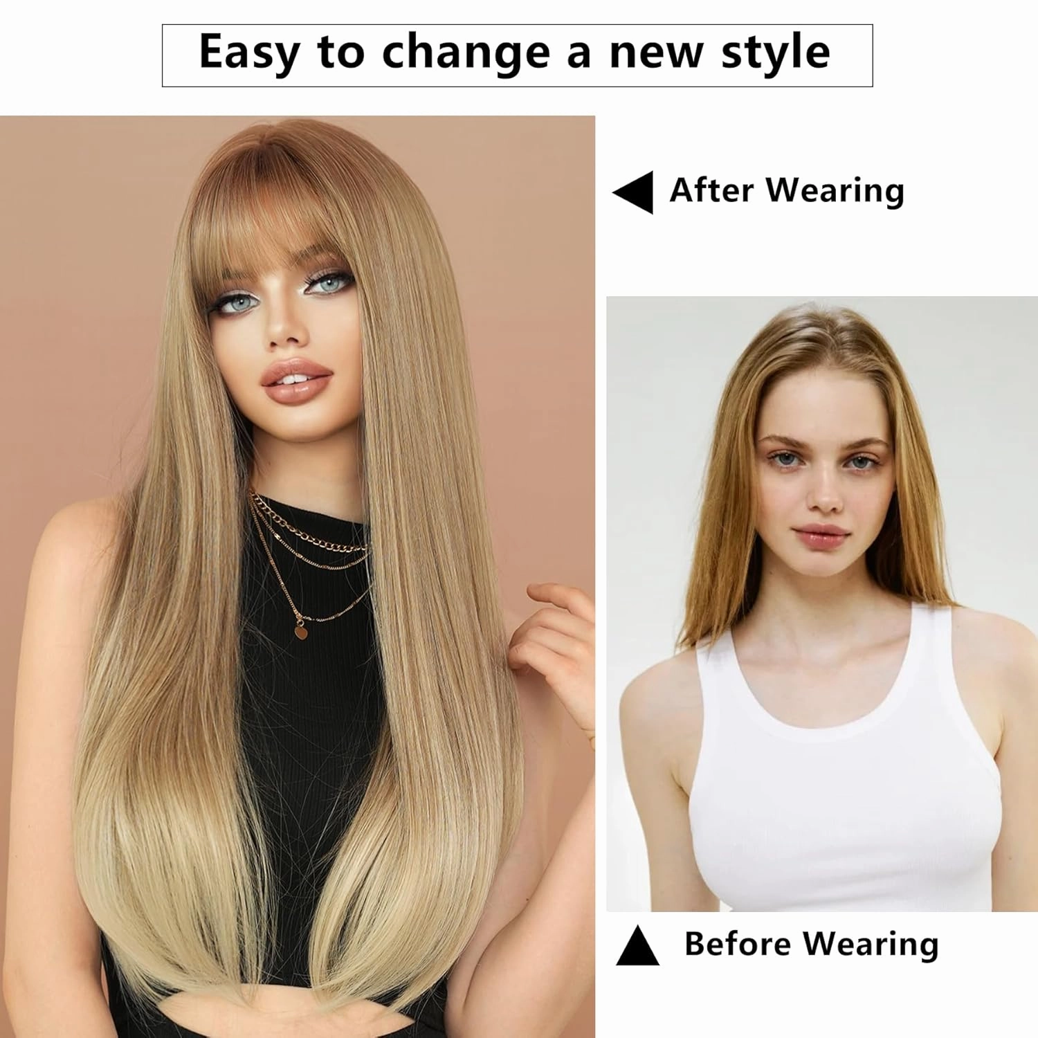 7JHH WIGS Long Straight Ash Brown Wig with Bangs 28in Light Brown Wig Natural Heat Resistant Fiber Synthetic Wigs for Women Girls Holiday Festival Chrismas Daily Party Used