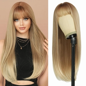 7JHH WIGS Long Straight Ash Brown Wig with Bangs 28in Light Brown Wig Natural Heat Resistant Fiber Synthetic Wigs for Women Girls Holiday Festival Chrismas Daily Party Used