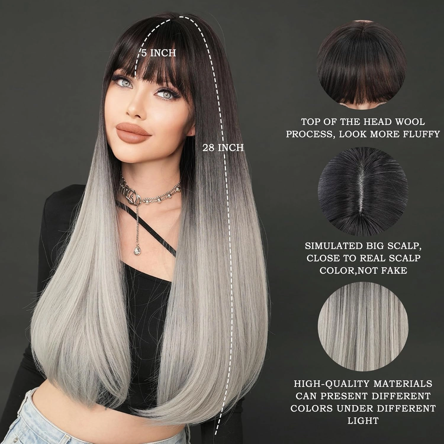 7JHH WIGS Long Straight Grey Black Wig with Bangs 28in Ombre Wig with Black Roots Natural Heat Resistant Fiber Synthetic Wigs for Women Girls Holiday Festival Chrismas Daily Party Used