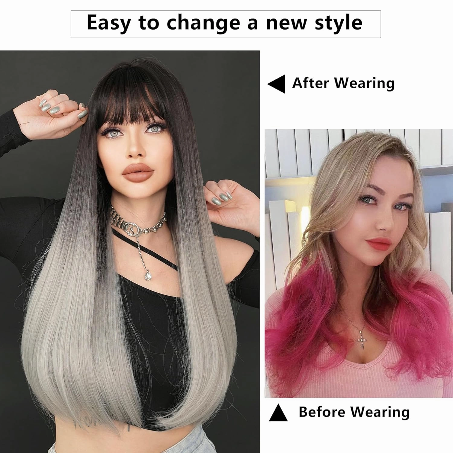 7JHH WIGS Long Straight Grey Black Wig with Bangs 28in Ombre Wig with Black Roots Natural Heat Resistant Fiber Synthetic Wigs for Women Girls Holiday Festival Chrismas Daily Party Used