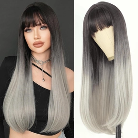 7JHH WIGS Long Straight Grey Black Wig with Bangs 28in Ombre Wig with Black Roots Natural Heat Resistant Fiber Synthetic Wigs for Women Girls Holiday Festival Chrismas Daily Party Used