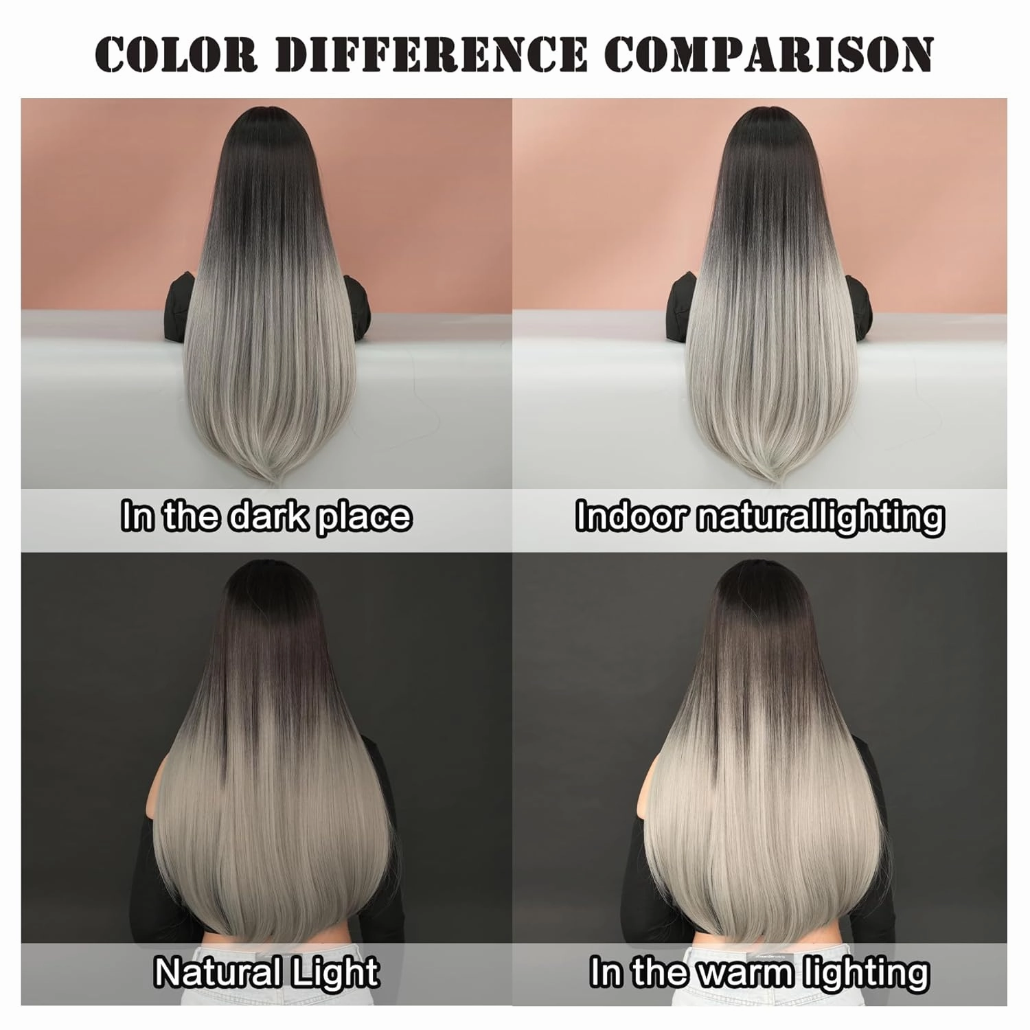7JHH WIGS Long Straight Grey Black Wig with Bangs 28in Ombre Wig with Black Roots Natural Heat Resistant Fiber Synthetic Wigs for Women Girls Holiday Festival Chrismas Daily Party Used