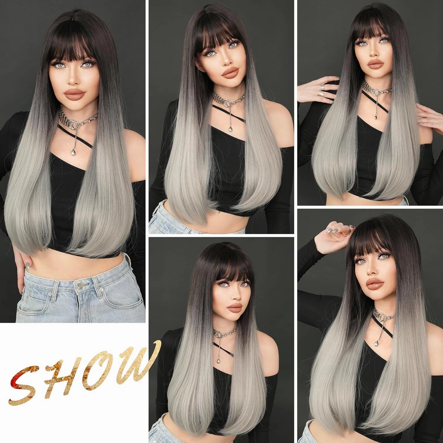 7JHH WIGS Long Straight Grey Black Wig with Bangs 28in Ombre Wig with Black Roots Natural Heat Resistant Fiber Synthetic Wigs for Women Girls Holiday Festival Chrismas Daily Party Used