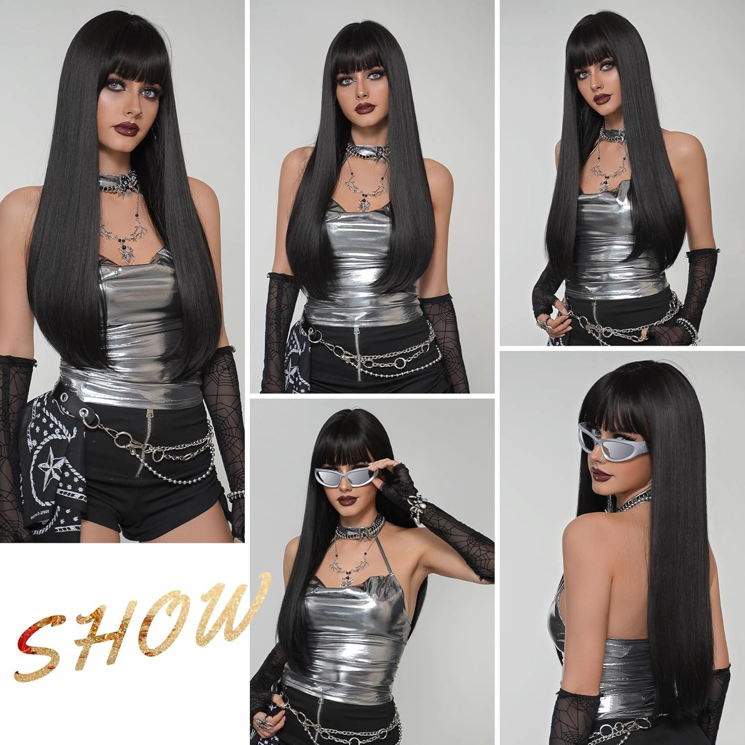 7JHH WIGS Long Straight Natural Black Wig with Bangs 28in Black Wig with Black Roots Natural Heat Resistant Fiber Synthetic Wigs for Women Girls Holiday Festival Chrismas Daily Party Used
