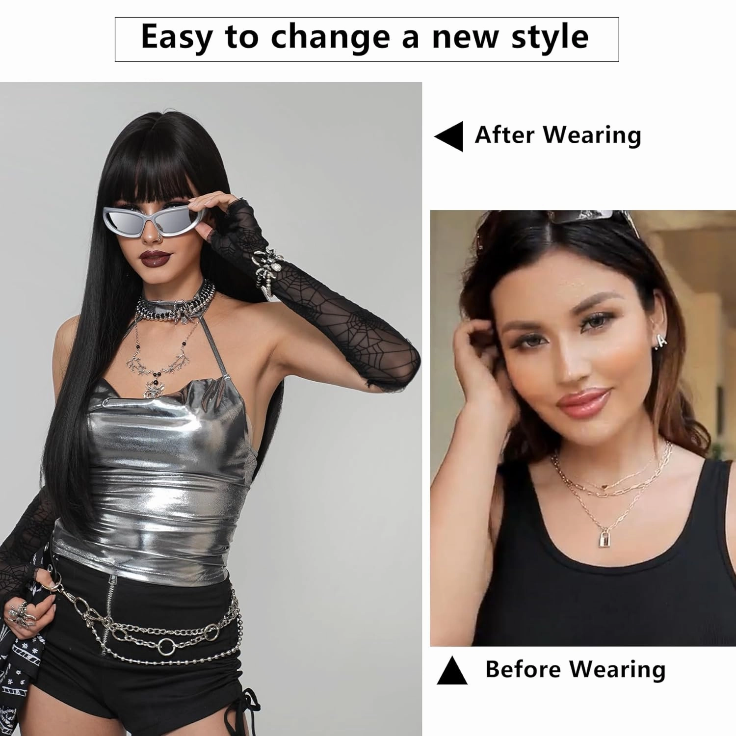 7JHH WIGS Long Straight Natural Black Wig with Bangs 28in Black Wig with Black Roots Natural Heat Resistant Fiber Synthetic Wigs for Women Girls Holiday Festival Chrismas Daily Party Used