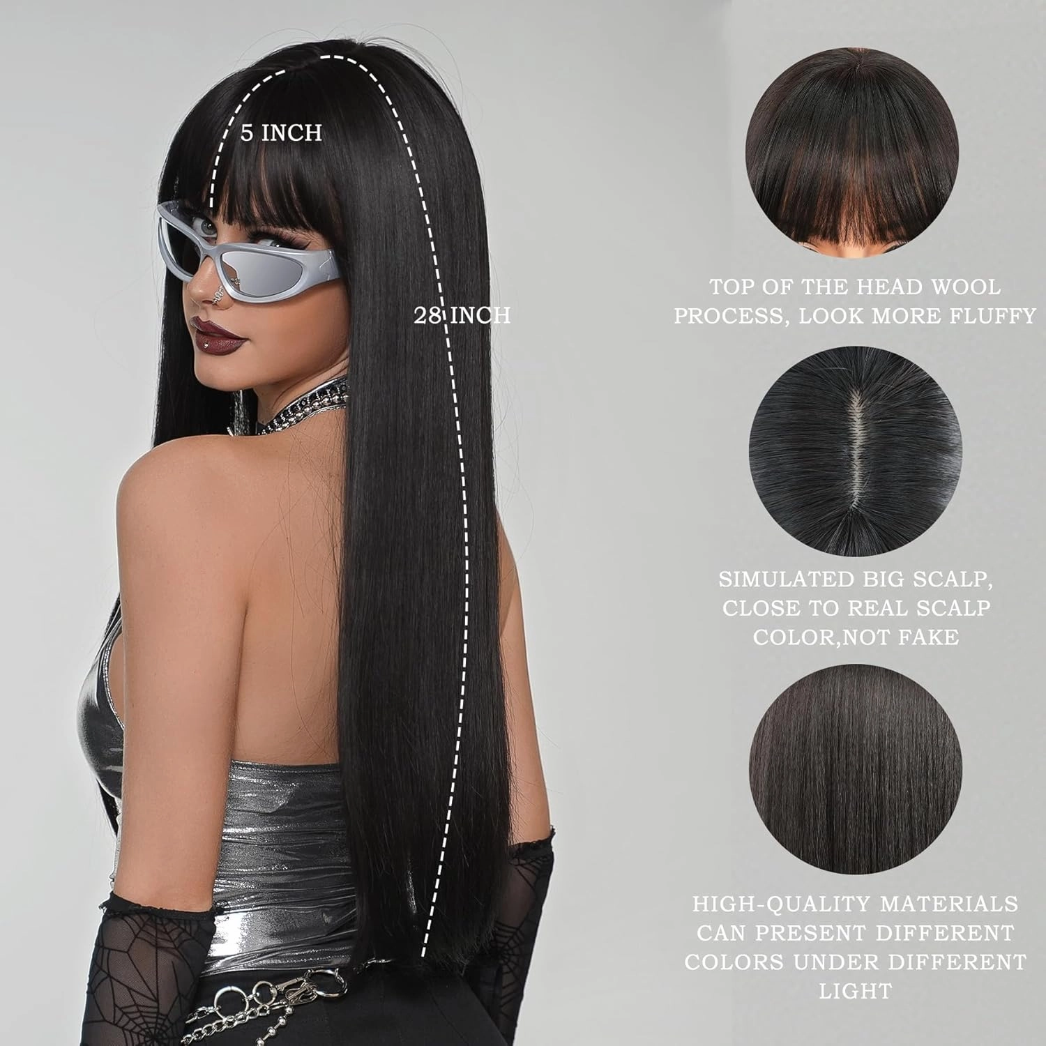 7JHH WIGS Long Straight Natural Black Wig with Bangs 28in Black Wig with Black Roots Natural Heat Resistant Fiber Synthetic Wigs for Women Girls Holiday Festival Chrismas Daily Party Used
