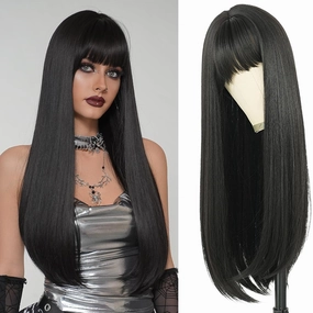 7JHH WIGS Long Straight Natural Black Wig with Bangs 28in Black Wig with Black Roots Natural Heat Resistant Fiber Synthetic Wigs for Women Girls Holiday Festival Chrismas Daily Party Used
